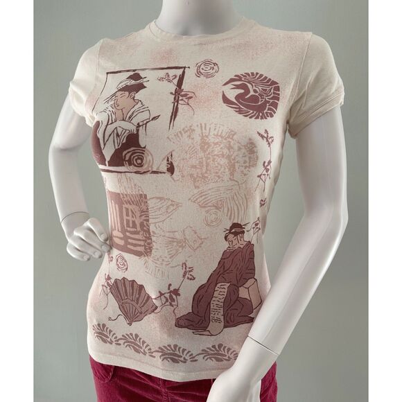 Vintage Y2k Asian Art Print Fitted Tee Cream Burgundy Unique Graphic Top size M - Picture 1 of 6